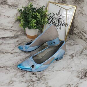 MACIEJKA pumps block heels women's slip-on pointed-toe blue leather size 39